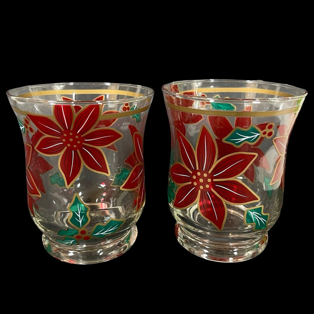 Fifth Avenue Crystal 2 Christmas Poinsettia‎ Glass Votive Candle Holders Gold